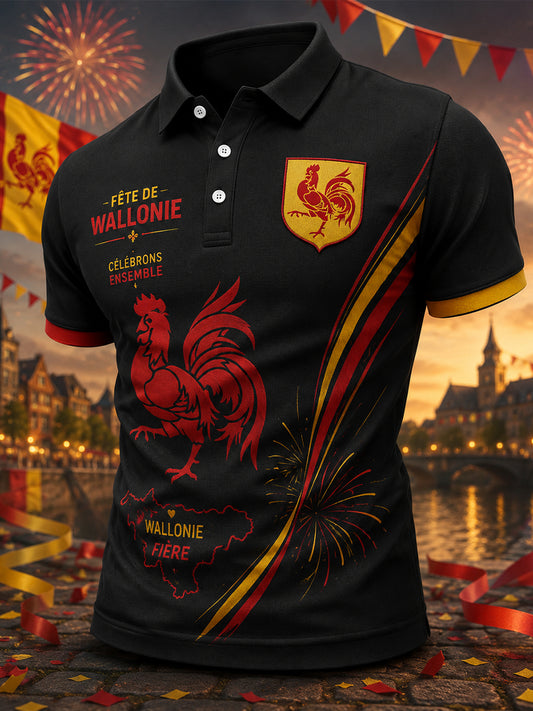Herren-Poloshirt mit kurzen Ärmeln und einem vom wallonischen Folklorefestival inspirierten Print