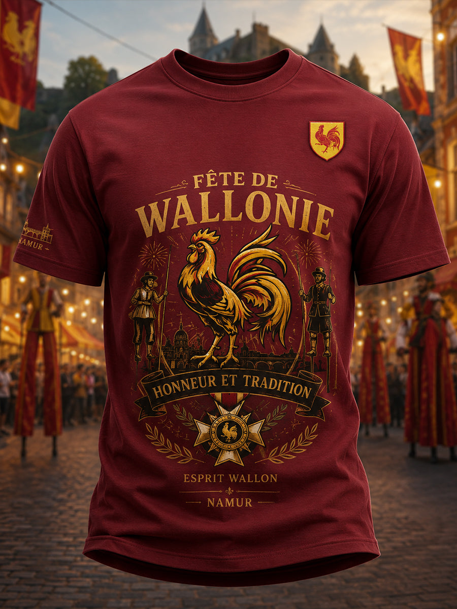Kurzärmliges Herren-T-Shirt mit wallon ischen Folklore-Festival-inspirierter Print