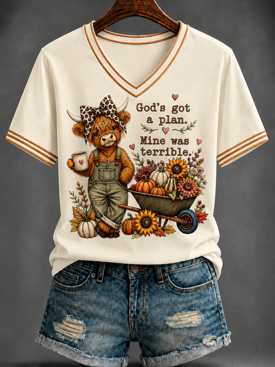 Bedrucktes T-Shirt mit V-Ausschnitt für Frauen Herbst Glaube