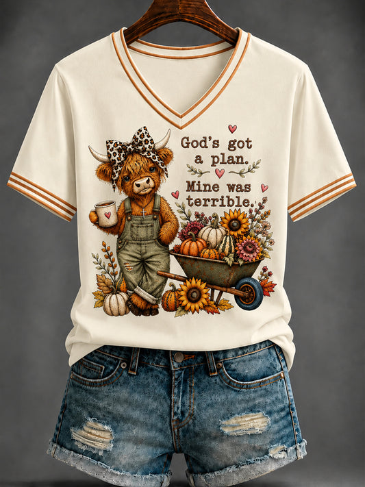Bedrucktes T-Shirt mit V-Ausschnitt für Frauen Herbst Glaube