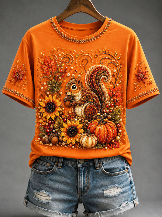 Frauen Herbst Eichhörnchen Kürbis Blumen druck T-Shirt
