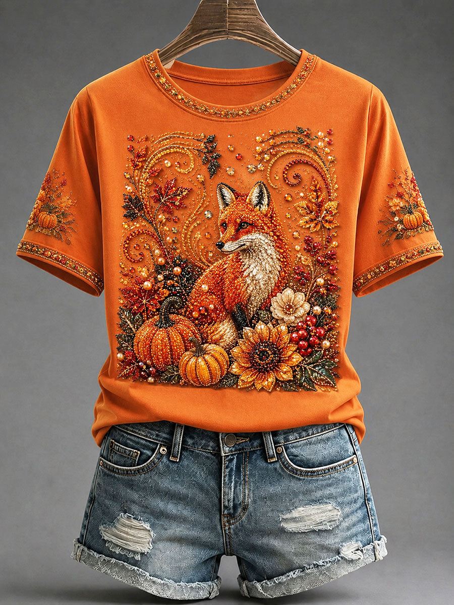 Damen Herbst Fuchs Kürbis Blumen druck T-Shirt