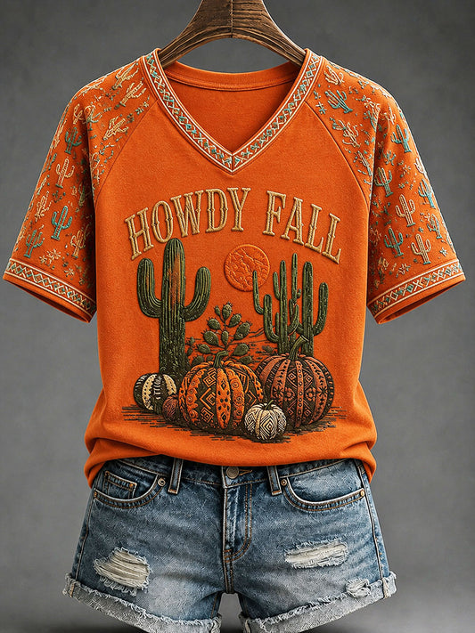 Damen-T-Shirt im bohemianischen Stil mit „Howdy Fall“-Print – lässig und bequem
