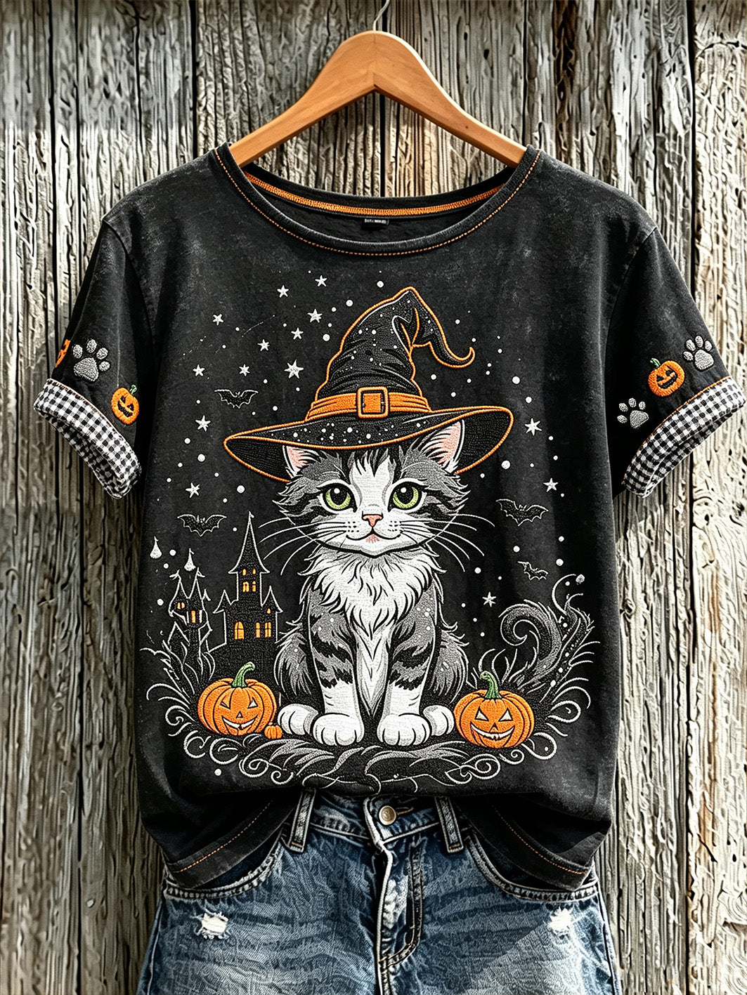 Damen Halloween niedliches Tier muster bedrucktes kurzes Ärmel T-Shirt