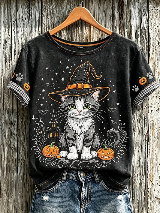 Damen Halloween niedliches Tier muster bedrucktes kurzes Ärmel T-Shirt