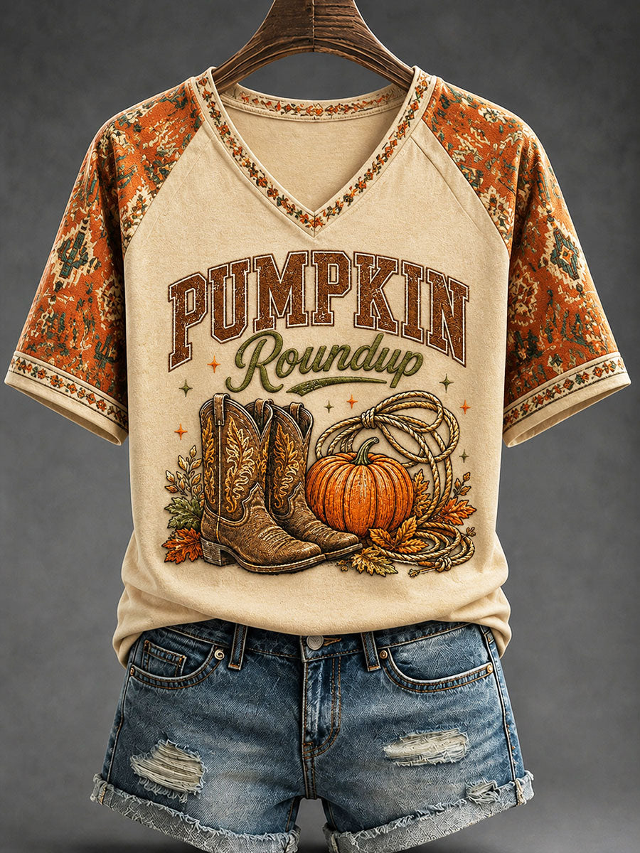 Frauen "Kürbis Roundup" Bohemian Style bedrucktes lässiges T-Shirt