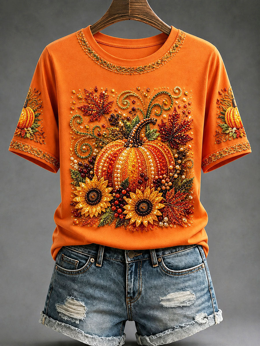 Frauen Herbst Kürbis Blumen druck T-Shirt