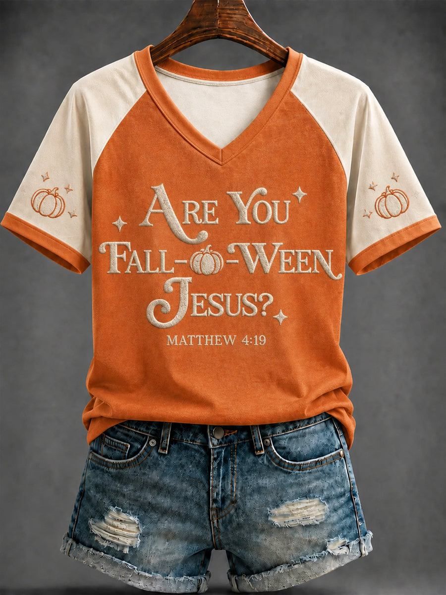 Damen-Herbst-T-Shirt mit Glaubensmotiv und V-Ausschnitt