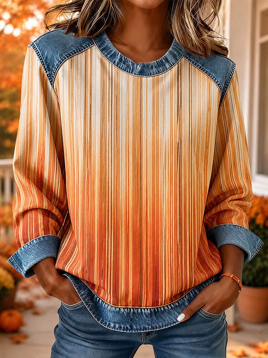 Damen-Herbst-gestreiftes Print Denim-Panel-Oberteil