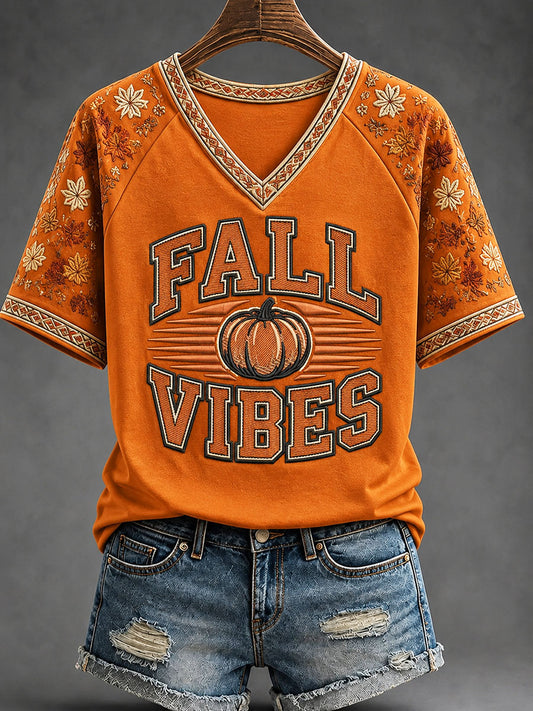 Frauen "Fall Vibes" böhmischer Stil bedrucktes lässiges T-Shirt