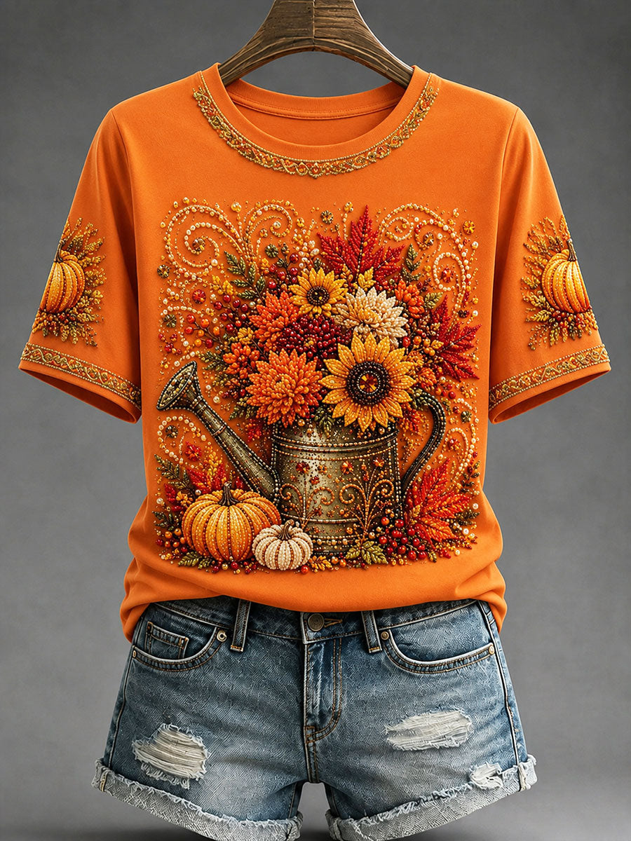 Frauen Herbst Sprüh flasche Kürbis Blumen druck T-Shirt