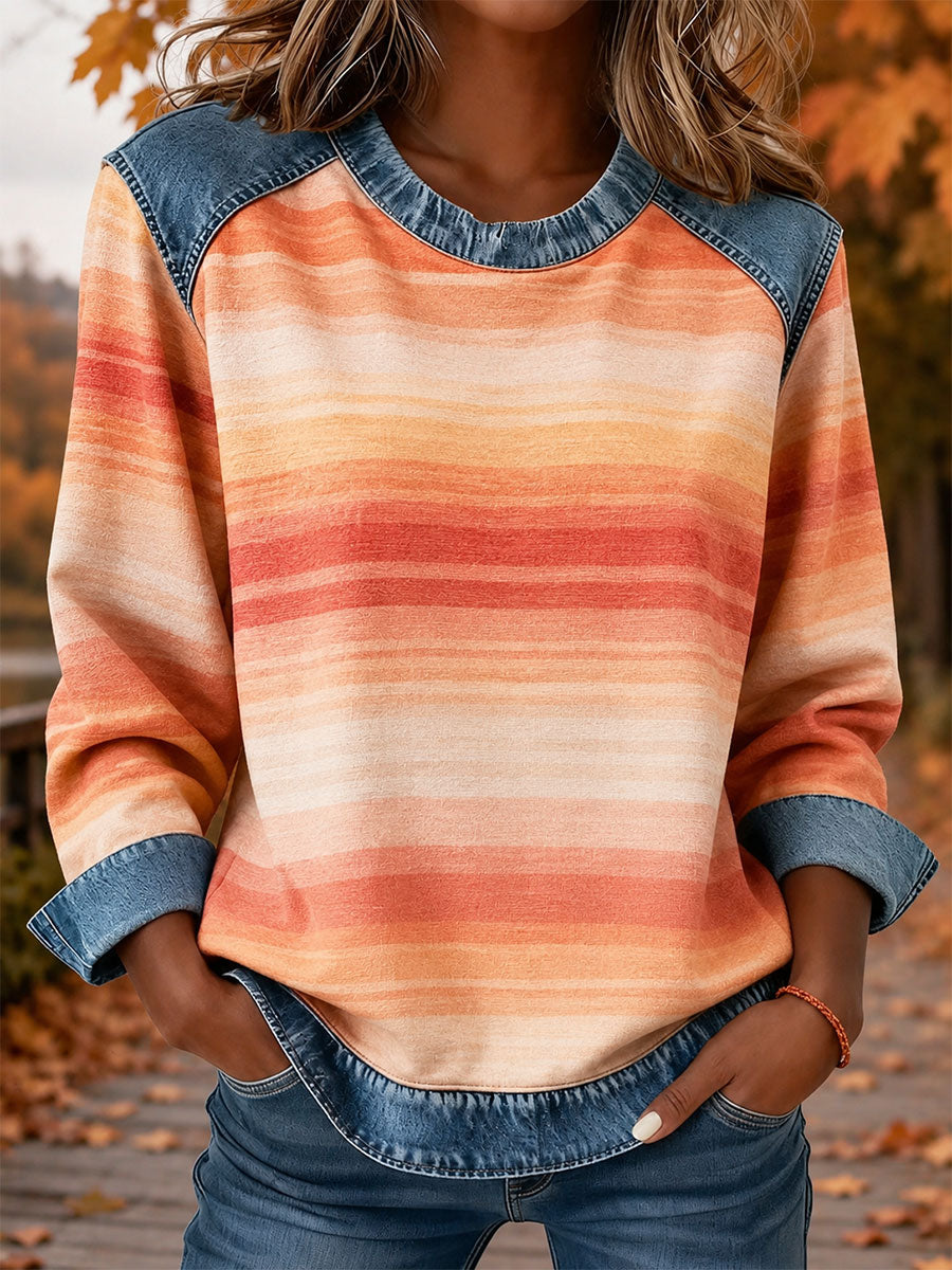 Damen-Top mit gestreiftem Druck und Jeans-Einsätzen für den Herbst