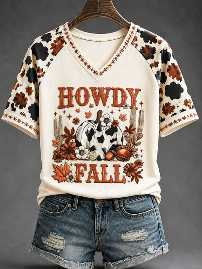 Frauen "Howdy Fall" böhmischer Stil bedrucktes lässiges T-Shirt