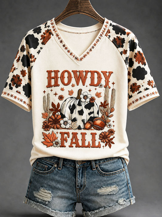 Frauen "Howdy Fall" böhmischer Stil bedrucktes lässiges T-Shirt