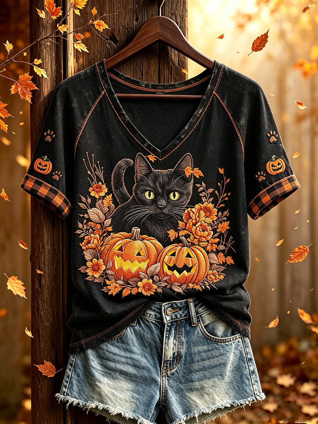 Damen Herbst Halloween niedliches Tier muster gedruckt lässig Kurzarm T-Shirt