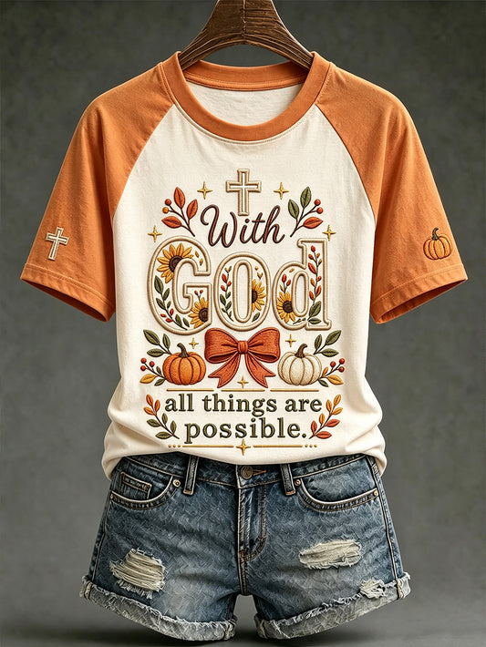 Frauen Herbst Thema Glauben Slogan Muster gedruckt lässig Kurzarm T-Shirt