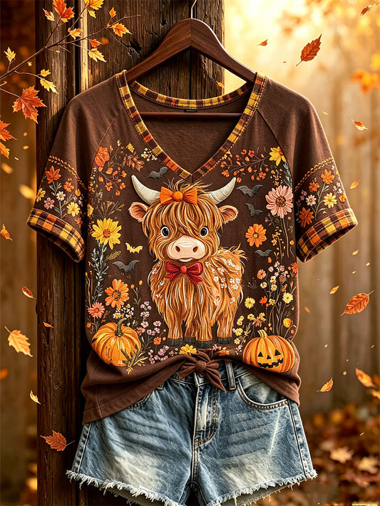Damen-Herbst-Thema niedliches Tier muster lässiges Kurzarm-T-Shirt