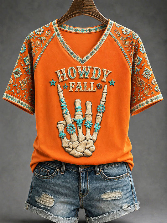 Damen-T-Shirt im bohemianischen Stil mit „Howdy Fall“-Print – lässig und bequem