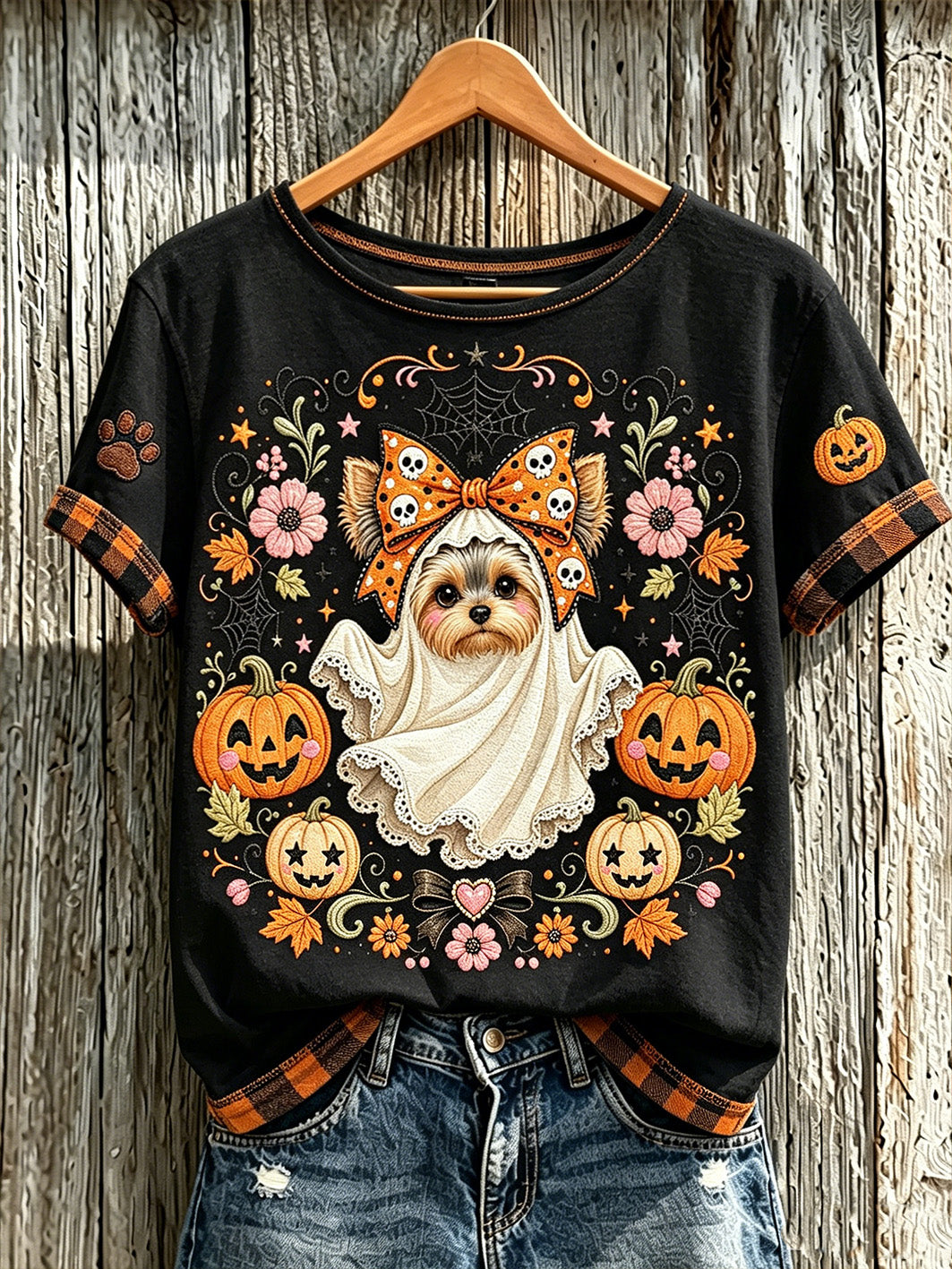 Damen-Herbst-Halloween-Lässiges Kurzarm-T-Shirt mit niedlichem Tiermuster