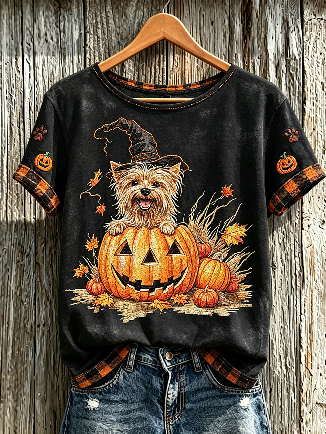 Damen-Herbst-Halloween-Lässiges Kurzarm-T-Shirt mit niedlichem Tiermuster