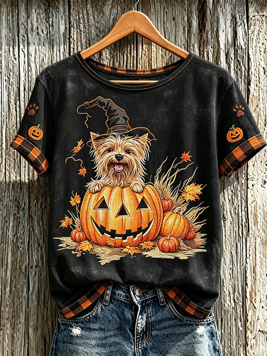 Damen-Herbst-Halloween-Lässiges Kurzarm-T-Shirt mit niedlichem Tiermuster