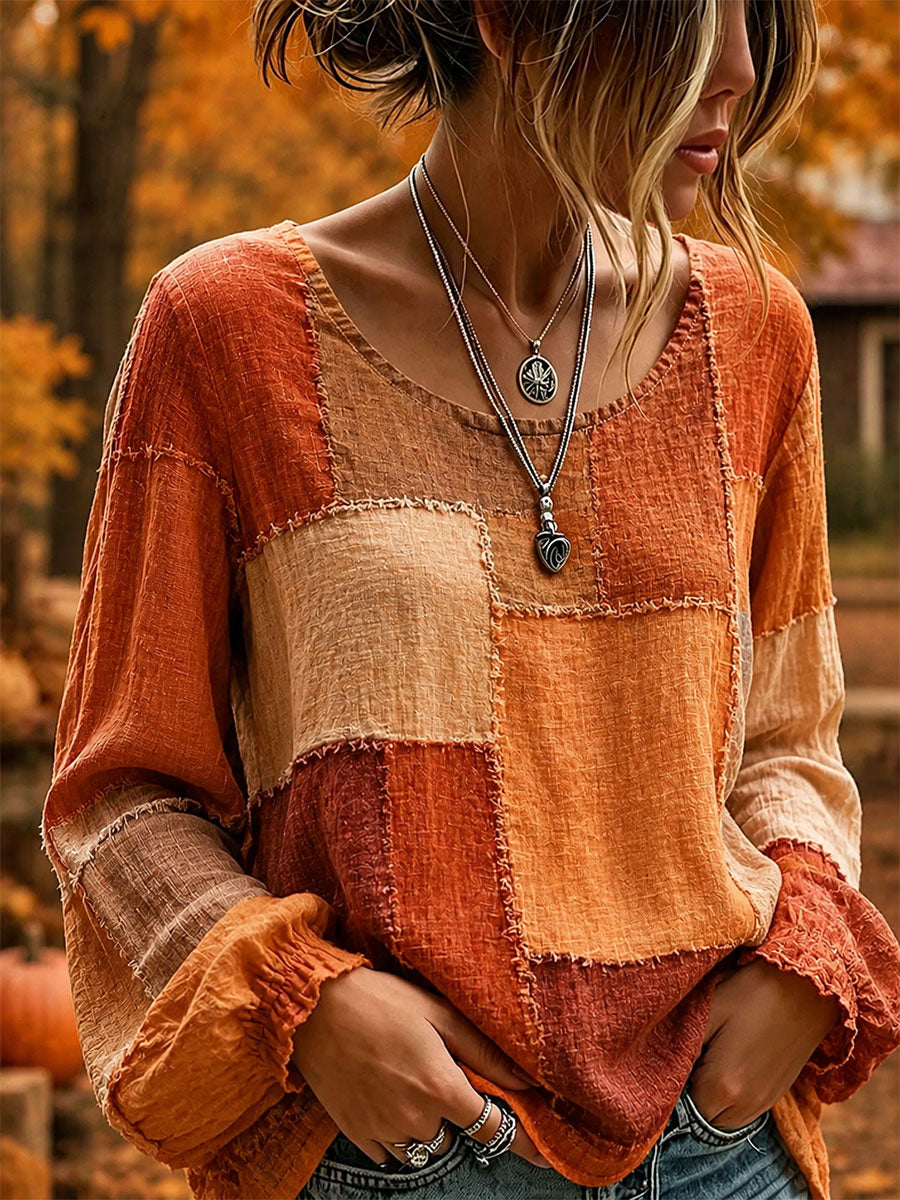 Damen-Herbst-Shirt mit Patchwork-Design