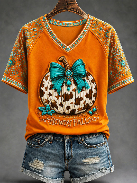 Damen-T-Shirt im bohemianischen Stil mit „Howdy Fall“-Print – lässig und bequem