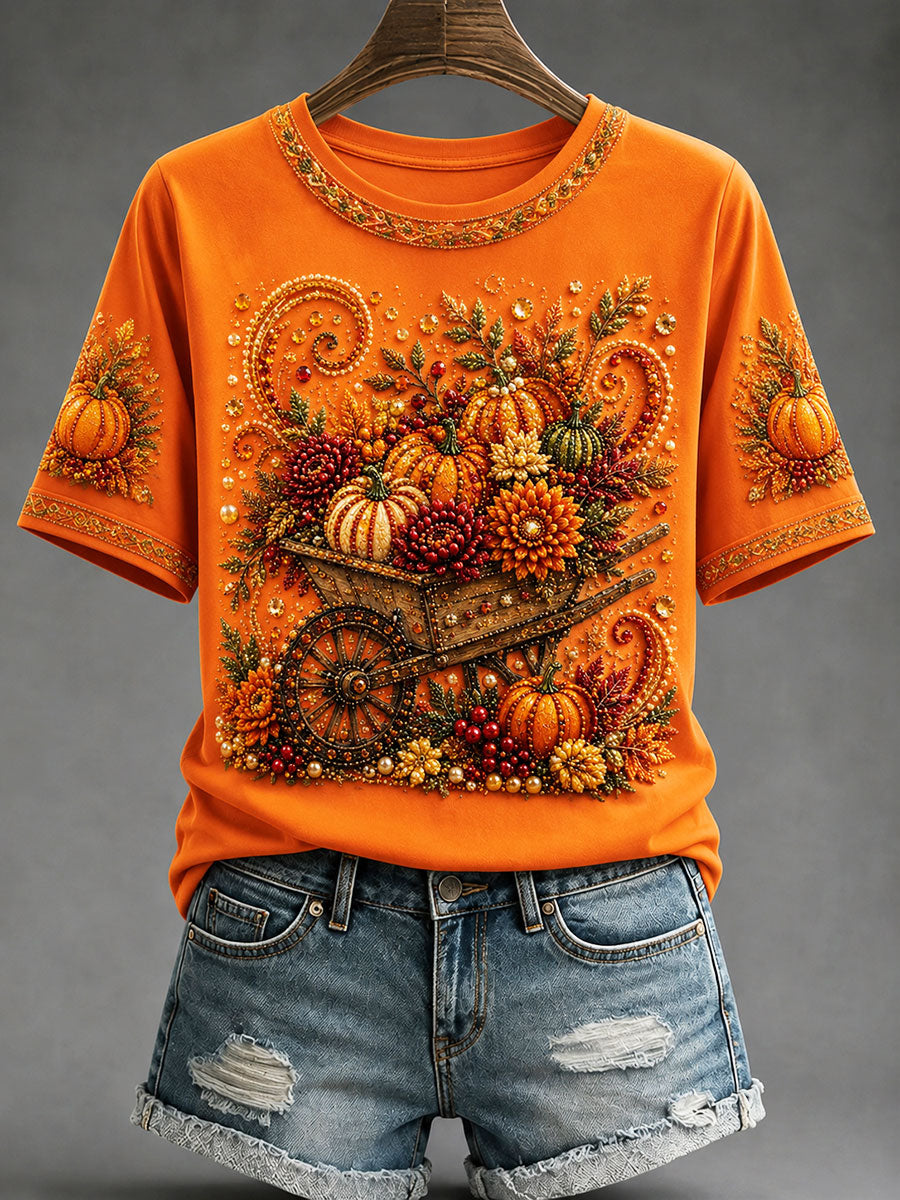 Damen-Herbst-Kürbis-Wagen-T-Shirt mit Blumen druck