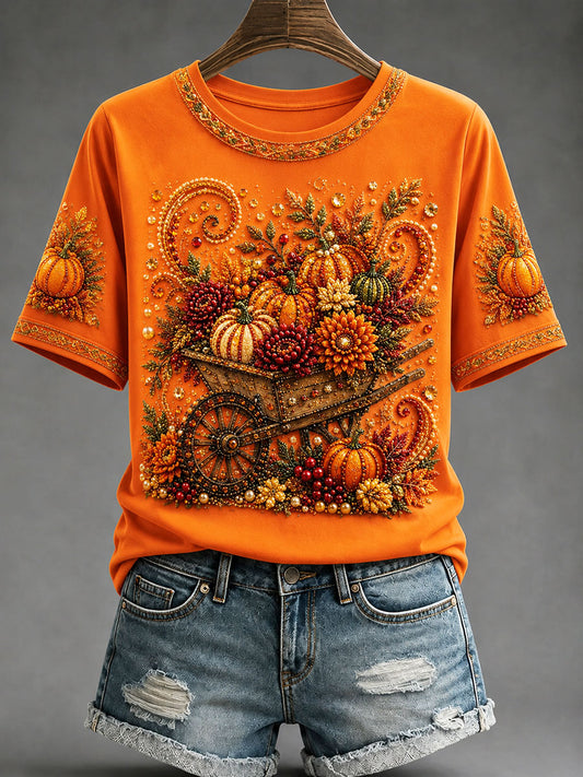 Damen-Herbst-Kürbis-Wagen-T-Shirt mit Blumen druck
