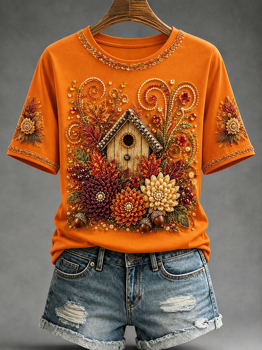 Damen-Herbst-Blockhaus-T-Shirt mit Blumen druck