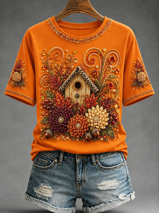Damen-Herbst-Blockhaus-T-Shirt mit Blumen druck