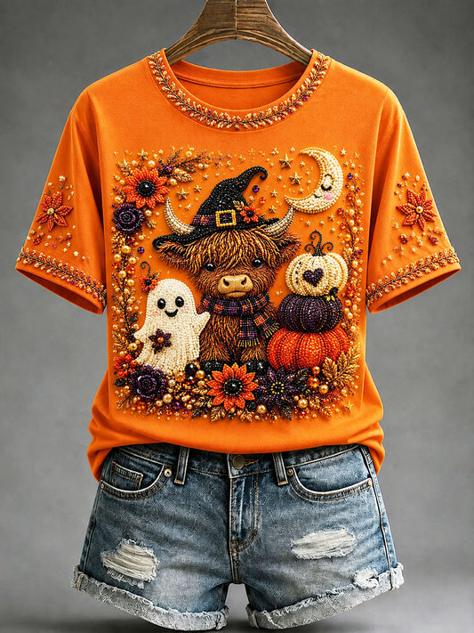 Frauen Herbst Hochland Kuh Geist Kürbis Blumen druck T-Shirt