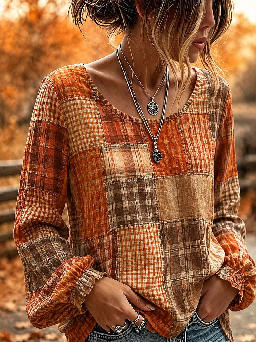 Damen-Herbst-Shirt mit Patchwork-Design