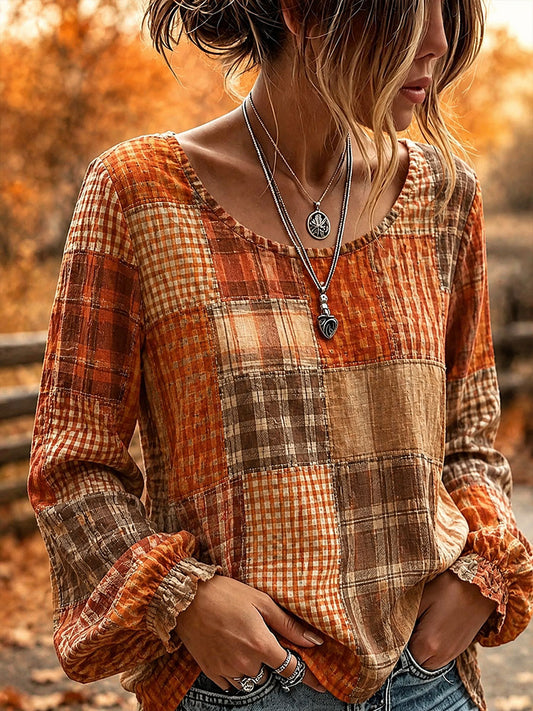 Damen-Herbst-Shirt mit Patchwork-Design