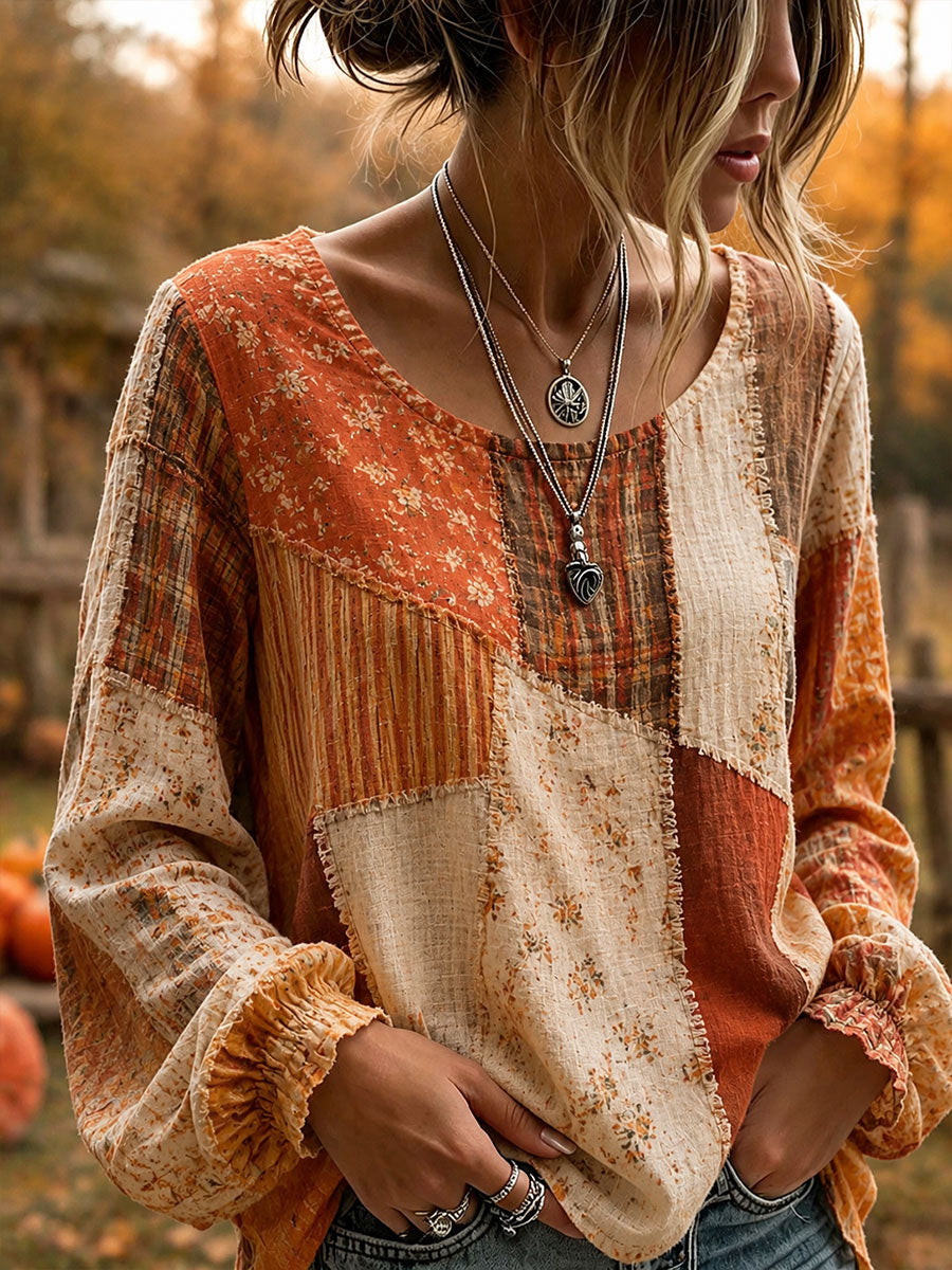 Damen-Herbst-Shirt mit Patchwork-Design