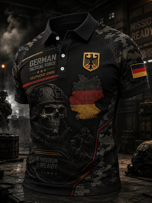 Herren-Poloshirt mit kurzen Ärmeln und Camouflage-Print im Militärstil