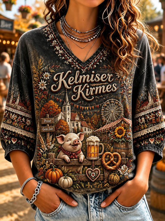 Damen-Kelmis-Kirchengarten-Print-Lässiges T-Shirt