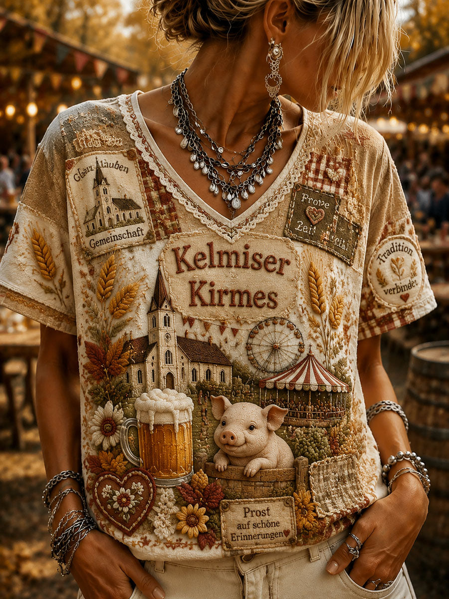 Damen-Kelmis-Kirchengarten-Print lässiges Kurzarm-T-Shirt