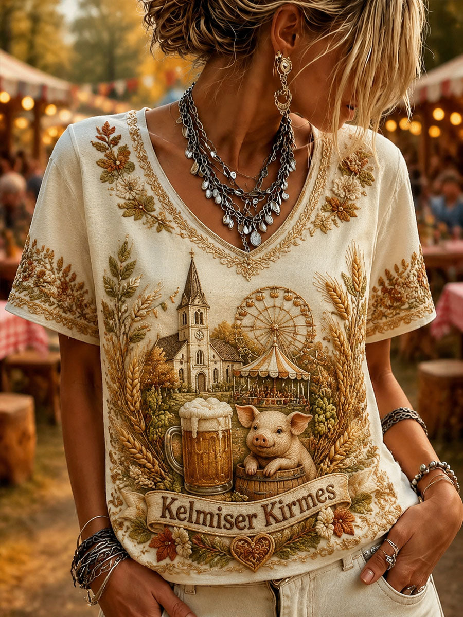 Frauen Kelmis Kirche Garten Print lässig Kurzarm T-Shirt