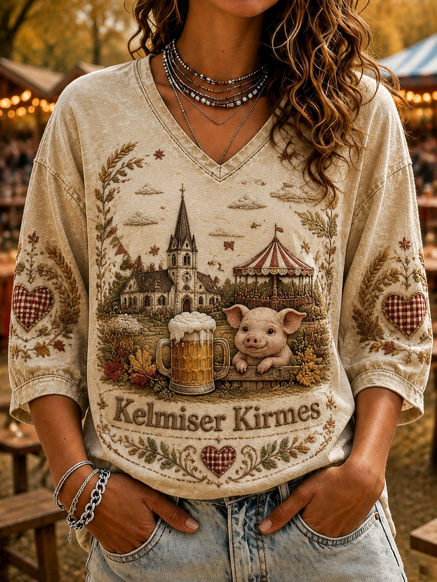 Frauen Kelmis Kirche Garten Print Casual T-Shirt