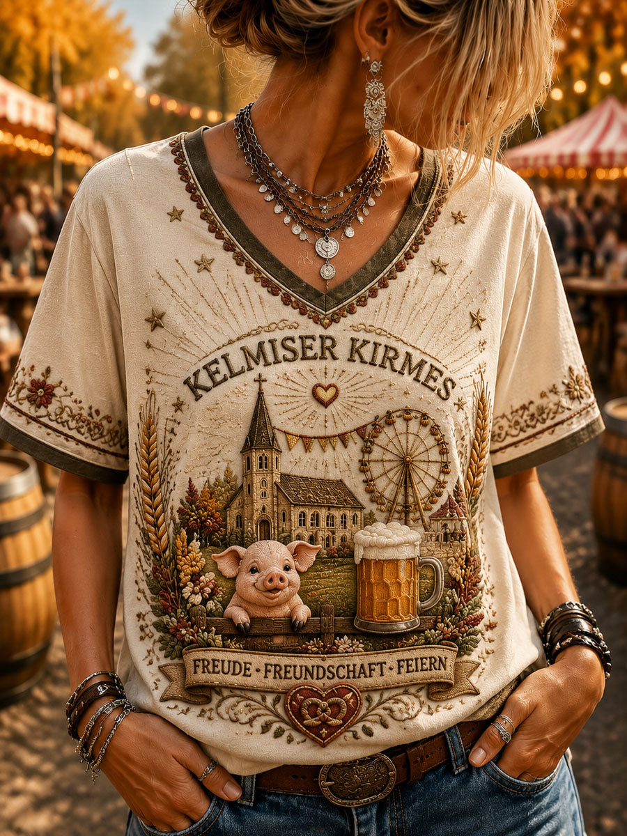 Damen-Kelmis-Kirchengarten-Print lässiges Kurzarm-T-Shirt