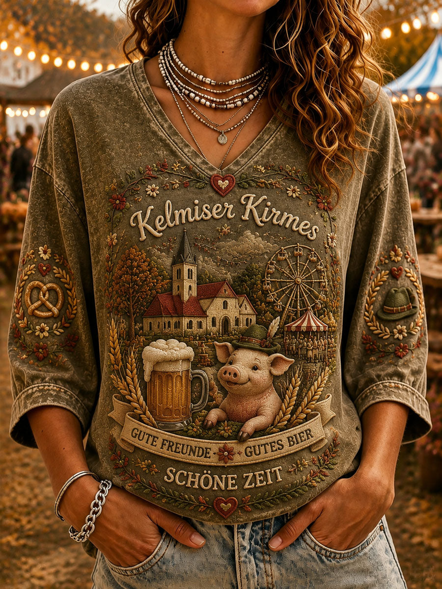 Damen-Kelmis-Kirchengarten-Print-Lässiges T-Shirt