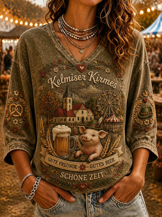 Damen-Kelmis-Kirchengarten-Print-Lässiges T-Shirt