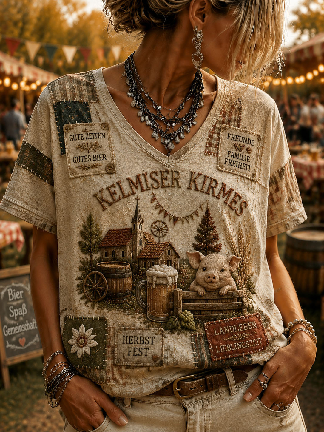 Damen-Kelmis-Kirchengarten-Print lässiges Kurzarm-T-Shirt