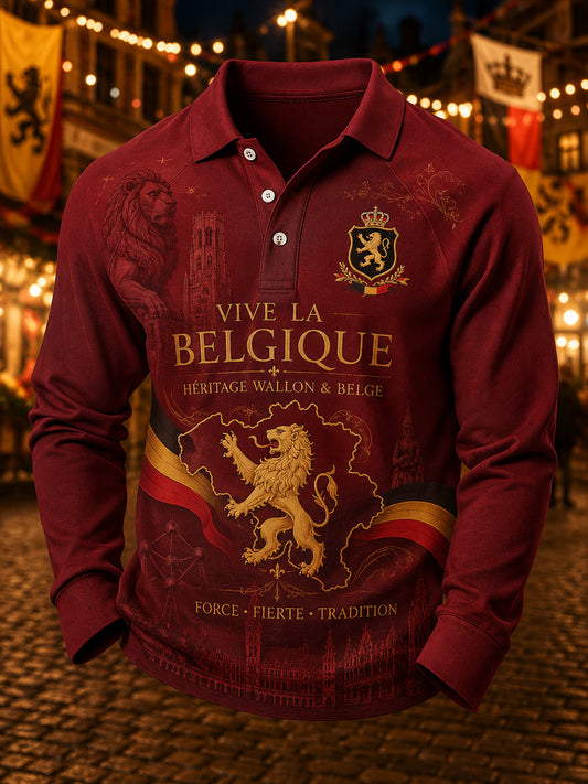 Herren-Poloshirt mit langen Ärmeln und patriotischem Gedenkdruck