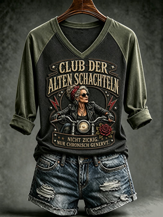 Frauen-T-Shirt mit witzigem Slogan-Print, V-Ausschnitt und langen Ärmeln