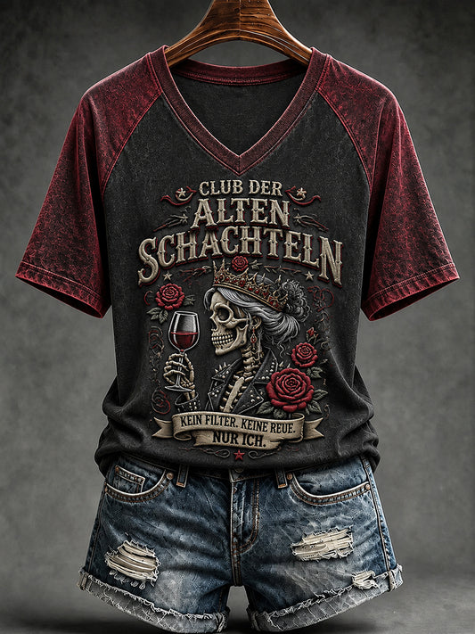 Frauen-T-Shirt mit witzigem Slogan-Print und V-Ausschnitt