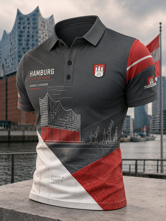 Herren-Poloshirt mit kurzen Ärmeln und urbanem, erinnerungsträchtigem Grafikdruck