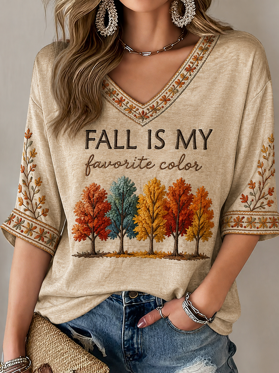 Damen Herbst ist meine Lieblings farbe Mittellänge Ärmel V-Ausschnitt T-Shirt