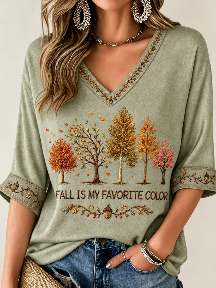 Damen-Herbst-T-Shirt in meinem Lieblingsfarbe, mittellange Ärmel, V-Ausschnitt